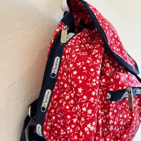 LeSportsac Small Edie Backpack in red  with a white and blue floral pattern. - Picture 5 of 12